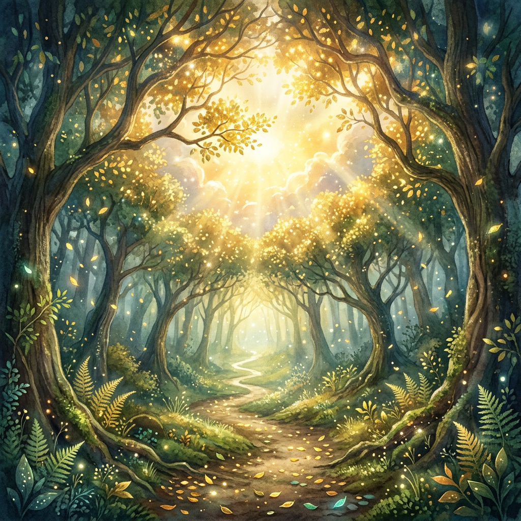Winding path through an enchanted forest illuminated by golden sunlight