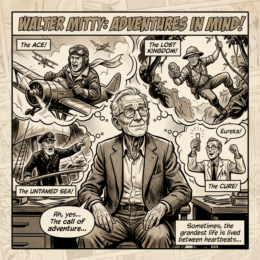 Old man embodying Walter Mitty in sepia
