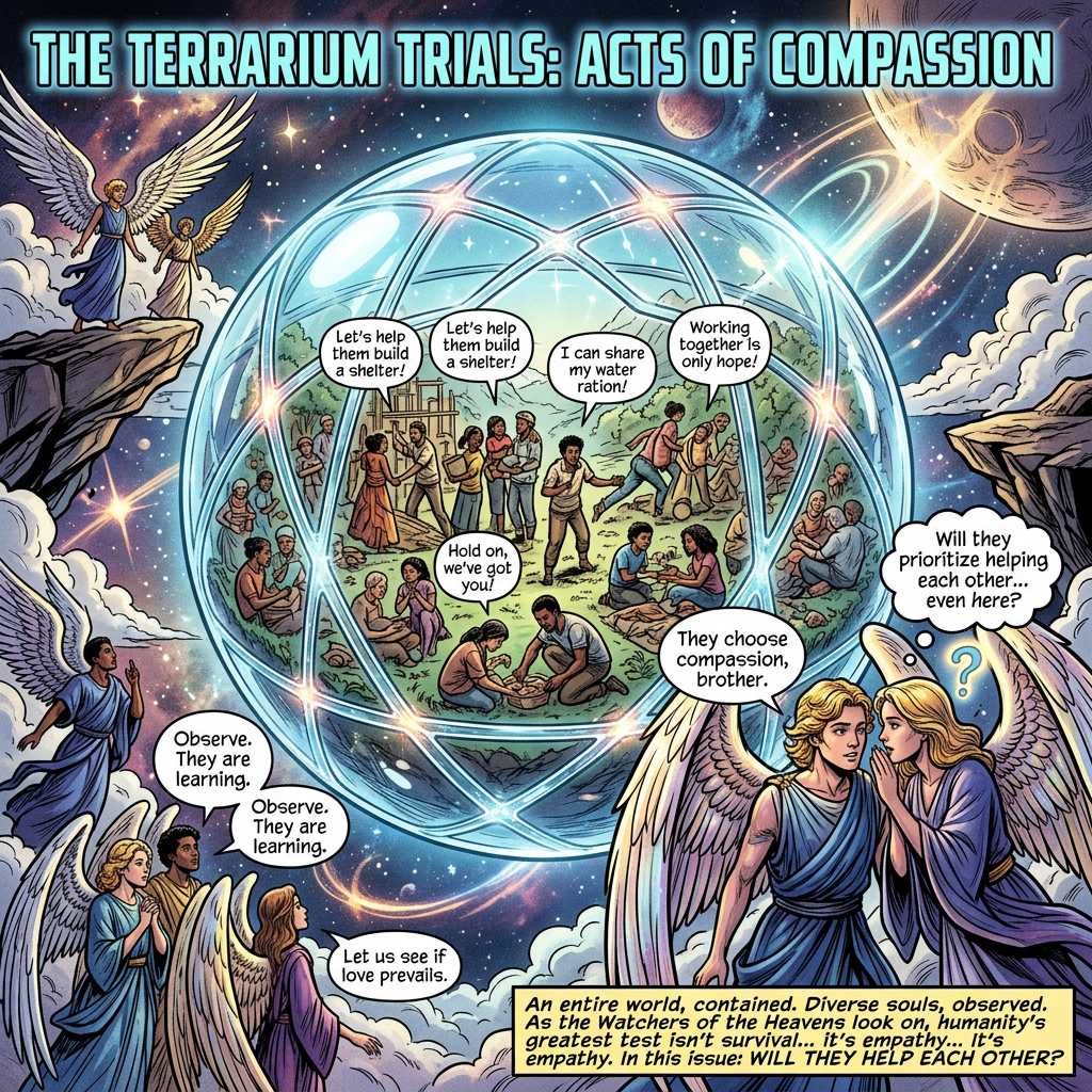 Diverse humans inside glass sphere watched by angels