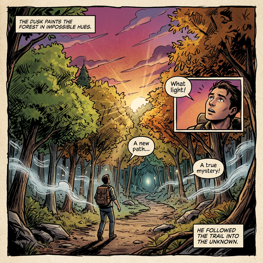 Comic panel of a hiker entering a glowing forest at dusk, with text about mystery and the unknown