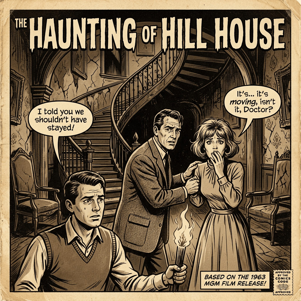 Retro comic cover titled The Haunting of Hill House with three frightened people