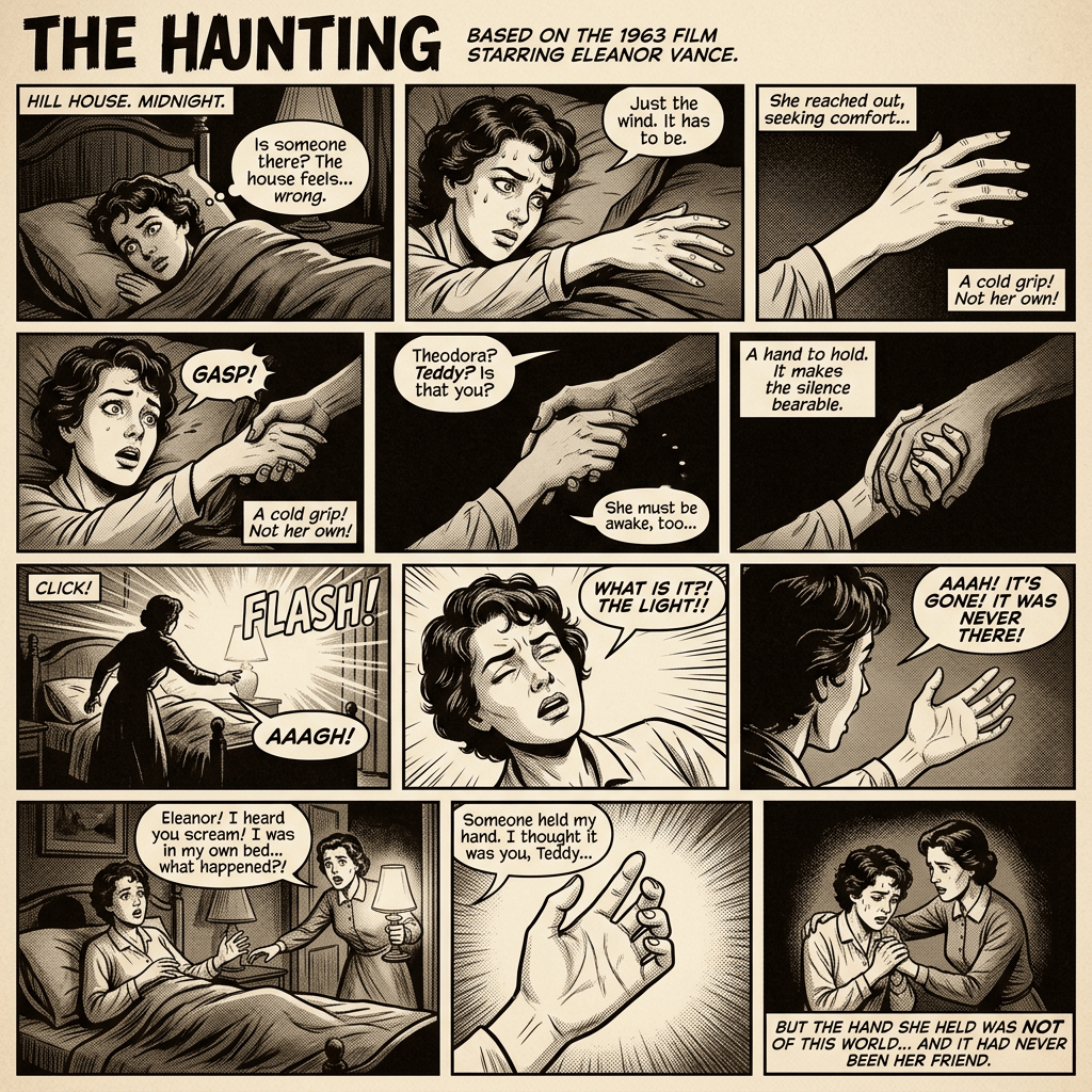 The Haunting; based on the 1963 film starring Eleanor Vance. Comic panels show Eleanor at Hill House midnight: “Is someone there? The house feels... wrong.” A hand reaches toward her: “Just the wind. It has to be.” “She reached out, seeking comfort...” “A cold grip! Not her own!” Eleanor gasps, asks “Theodora? Teddy? Is that you?”, and says “A hand to hold. It makes the silence bearable.” A light flashes; she cries “What is it?! The light!” and “AAAH! IT’S GONE! IT WAS NEVER THERE!” Theodora finds her and Eleanor says, “Eleanor! I heard you scream! I was in my own bed... what happened?!” Eleanor remembers, “Someone held my hand. I thought it was you, Teddy...” Final text: “But the hand she held was not of this world... and it had never been her friend.”