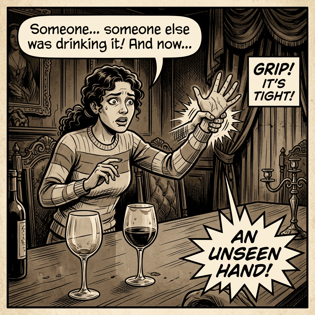 Comic panel with woman shouting, “Someone... someone else was drinking it! And now... GRIP! IT’S TIGHT! AN UNSEEN HAND!”