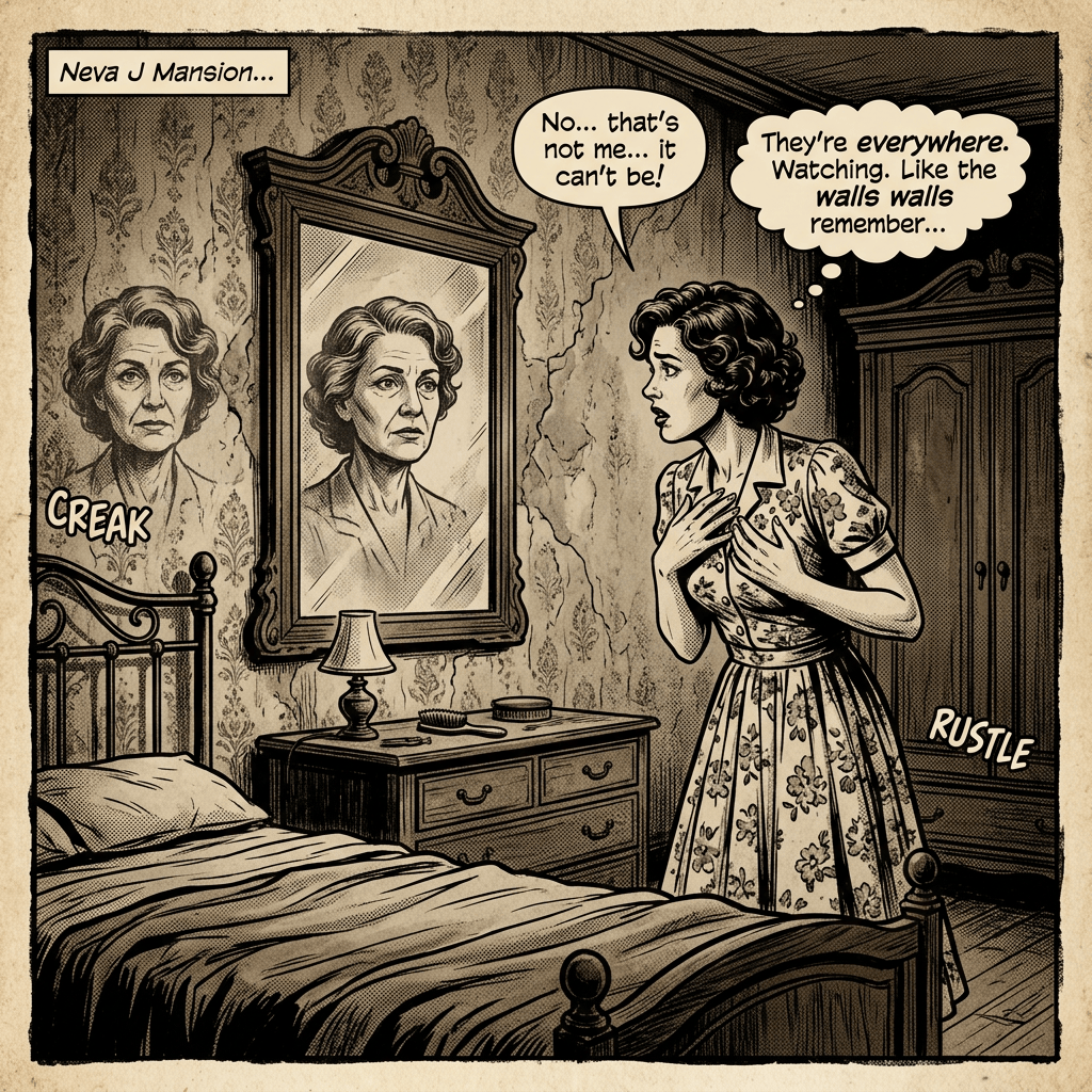 Comic panel labeled "Neva J Mansion..." showing a woman beside a mirror, with text "No... that's not me... it can't be!" and "They're everywhere. Watching. Like the walls remember..." plus "CREAK" and "RUSTLE."
