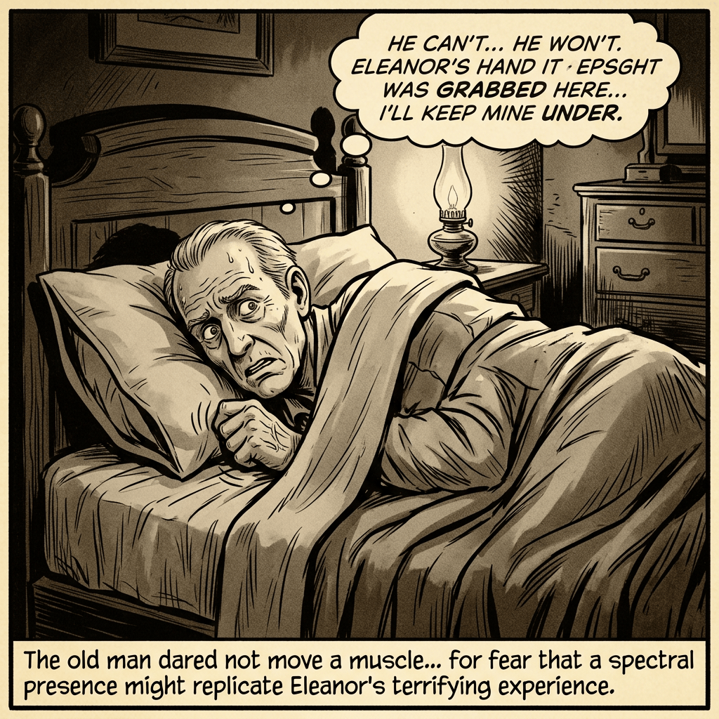 Old man in bed; speech: “HE CAN’T... HE WON’T. ELEANOR’S HAND IT - EPSIGHT WAS GRABBED HERE... I’LL KEEP MINE UNDER.” Caption: “The old man dared not move a muscle... for fear that a spectral presence might replicate Eleanor’s terrifying experience.”