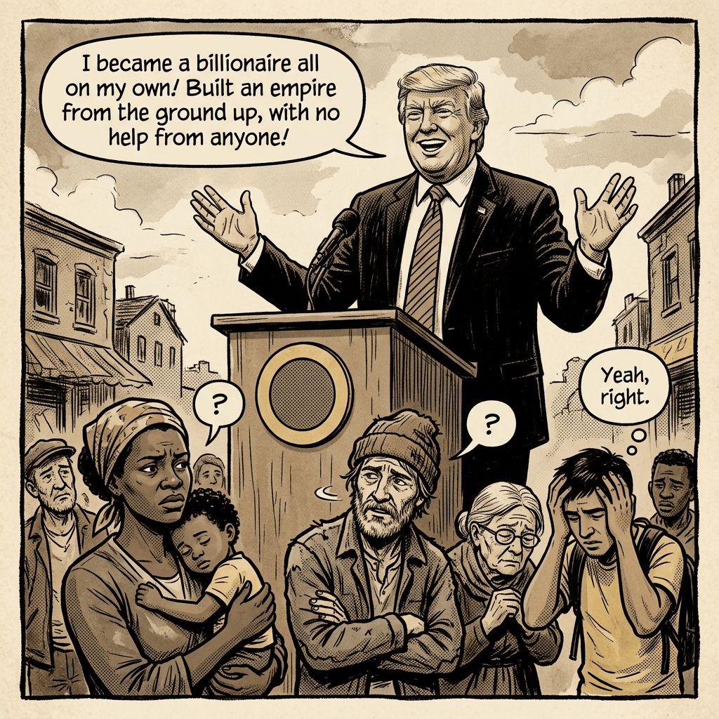 Politician says, “I became a billionaire all on my own! Built an empire from the ground up, with no help from anyone!” Citizens respond with question marks and, “Yeah, right.”