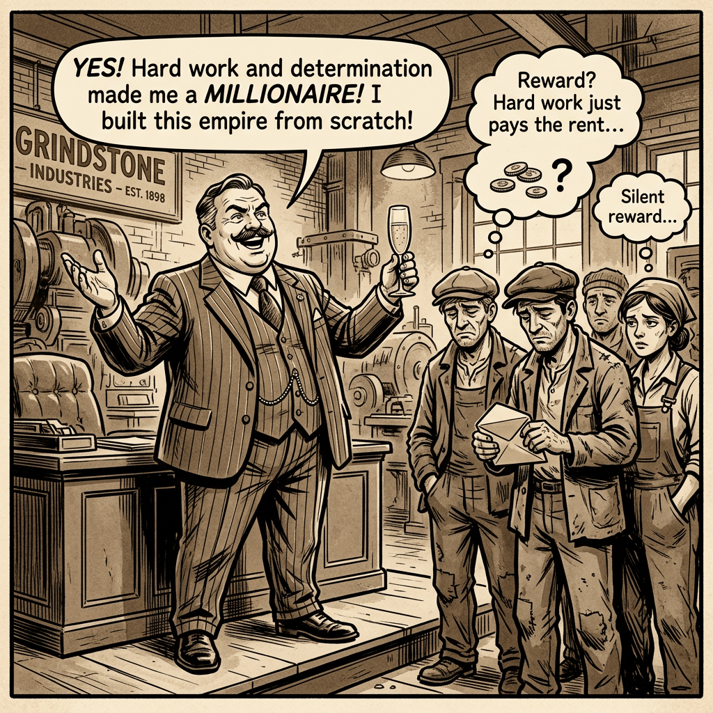 Comic panel text: “GRINDSTONE INDUSTRIES – EST. 1898”; “YES! Hard work and determination made me a MILLIONAIRE! I built this empire from scratch!”; “Reward? Hard work just pays the rent…”; “Silent reward…”; workers stand beside a wealthy factory owner.