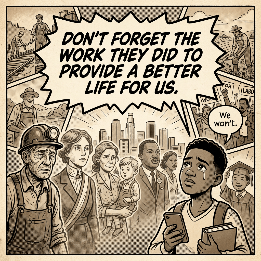 Comic reads “DON’T FORGET THE WORK THEY DID TO PROVIDE A BETTER LIFE FOR US.” and “We won’t.”, showing workers, families, students, and a protest.