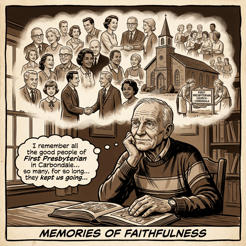 Elderly man recalls, “I remember all the good people of First Presbyterian in Carbondale... so many, for so long... they kept us going...” above memories of congregants and a church labeled “FIRST PRESBYTERIAN CHURCH -- CARBONDALE”; “MEMORIES OF FAITHFULNESS.”