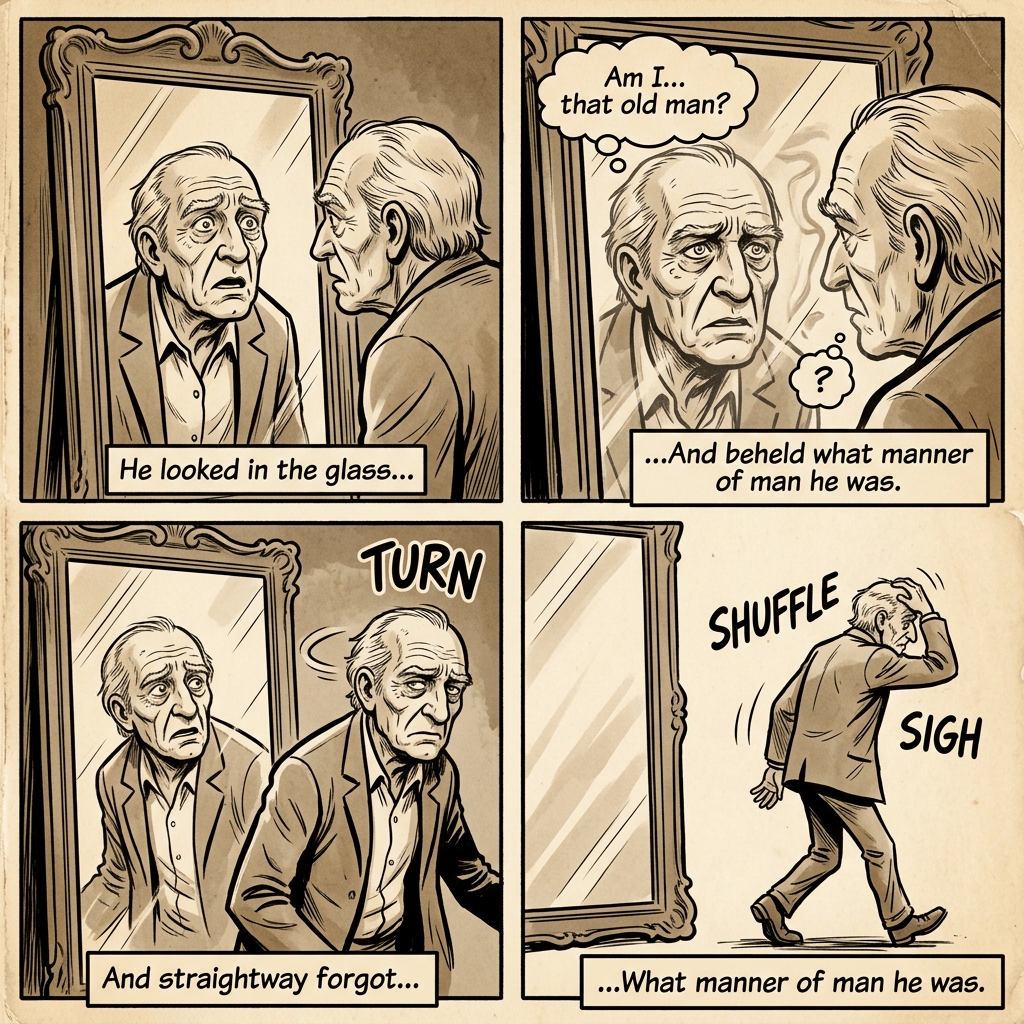 Comic panels reading “He looked in the glass...”, “Am I... that old man?”, “...And behold what manner of man he was.”, “TURN”, “And straightway forgot...”, “SHUFFLE”, “SIGH”, and “...What manner of man he was.”