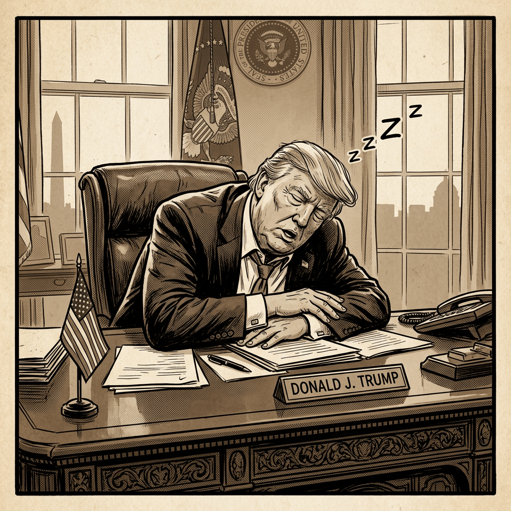 Donald J. Trump sleeping at desk; visible text: “DONALD J. TRUMP,” “SEAL OF THE PRESIDENT OF THE UNITED STATES,” and “Z” symbols