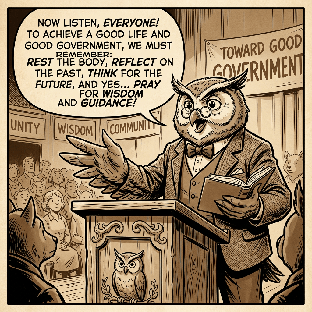 Owl speaker at podium says, "NOW LISTEN, EVERYONE! TO ACHIEVE A GOOD LIFE AND GOOD GOVERNMENT, WE MUST REMEMBER: REST THE BODY, REFLECT ON THE PAST, THINK FOR THE FUTURE, AND YES... PRAY FOR WISDOM AND GUIDANCE!" Signs read "UNITY," "WISDOM," "COMMUNITY," and "TOWARD GOOD GOVERNMENT."