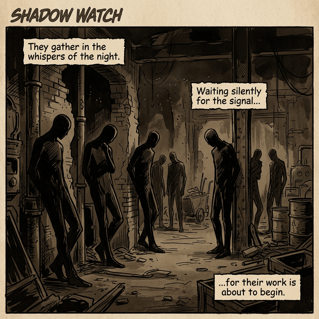 Comic panel titled "SHADOW WATCH" with text: "They gather in the whispers of the night." "Waiting silently for the signal..." "...for their work is about to begin." Shadowy figures stand in a ruined industrial corridor.