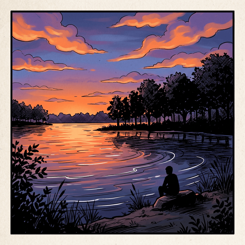 Silhouetted person sitting beside a lake at sunset