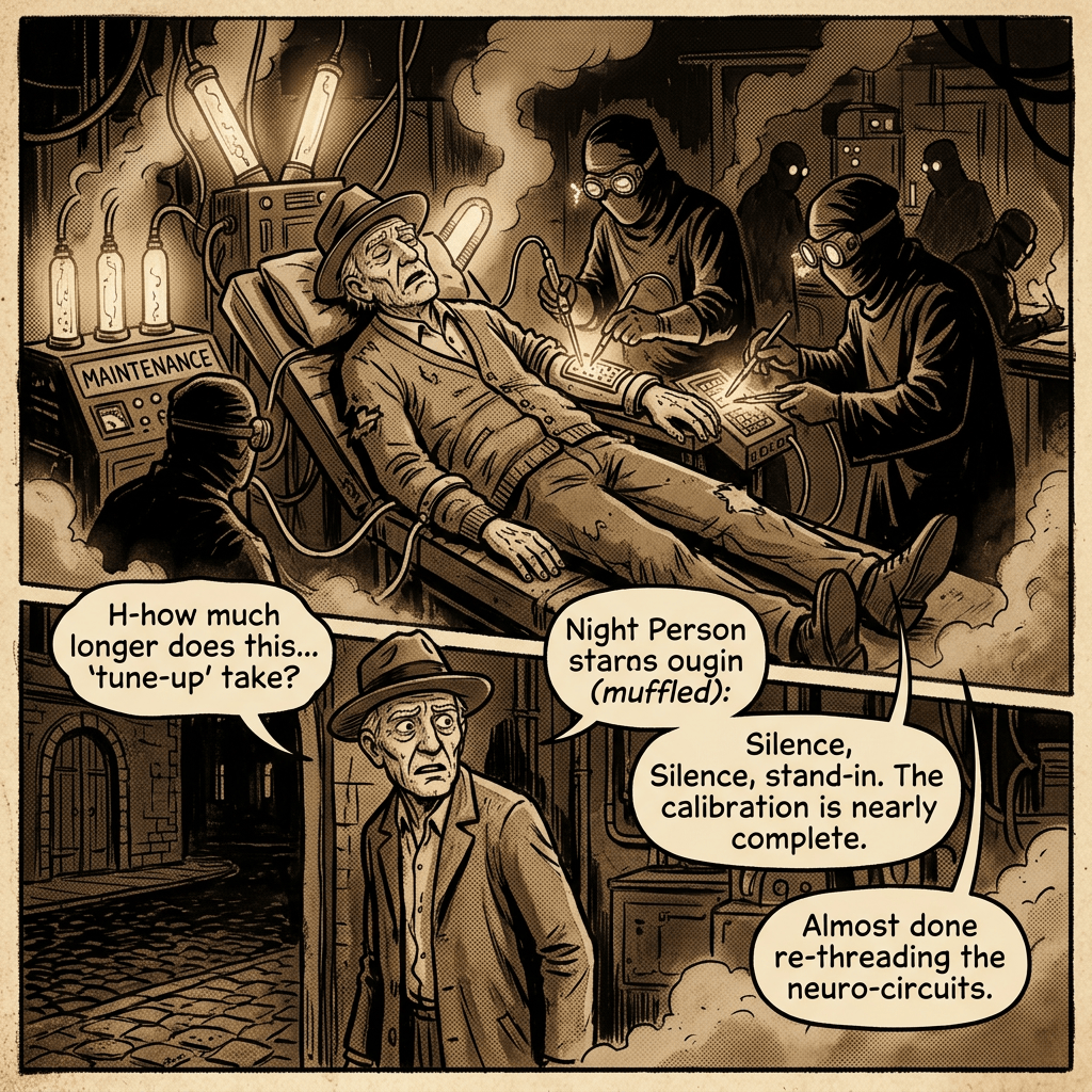 Comic panel labeled MAINTENANCE with technicians repairing a man: “H-how much longer does this... ‘tune-up’ take?”, “Night Person stars ougin (muffled):”, “Silence, Silence, stand-in. The calibration is nearly complete.”, and “Almost done re-threading the neuro-circuits.”