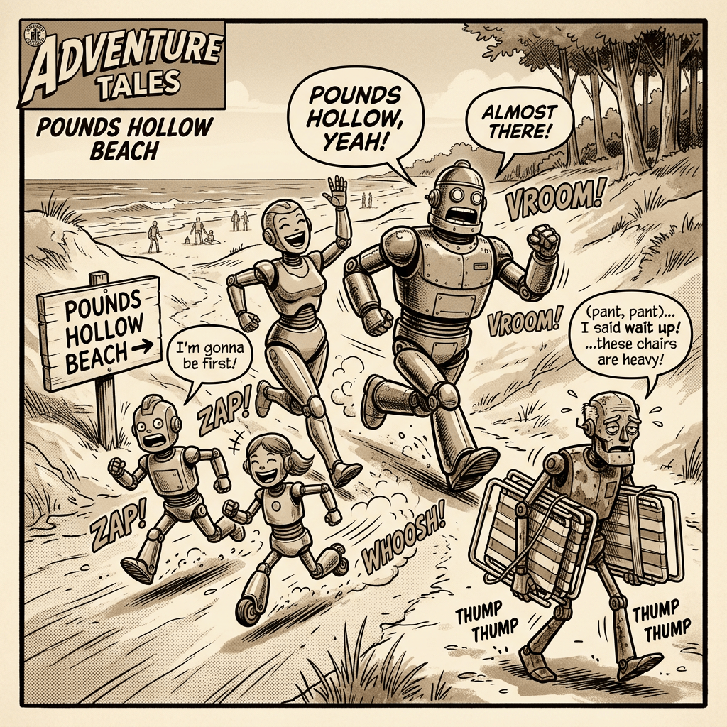 Robot family runs to beach