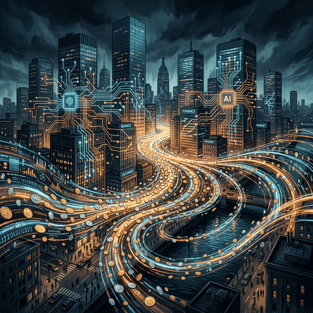 Futuristic city with AI circuits connecting banks, finance, markets, and exchanges