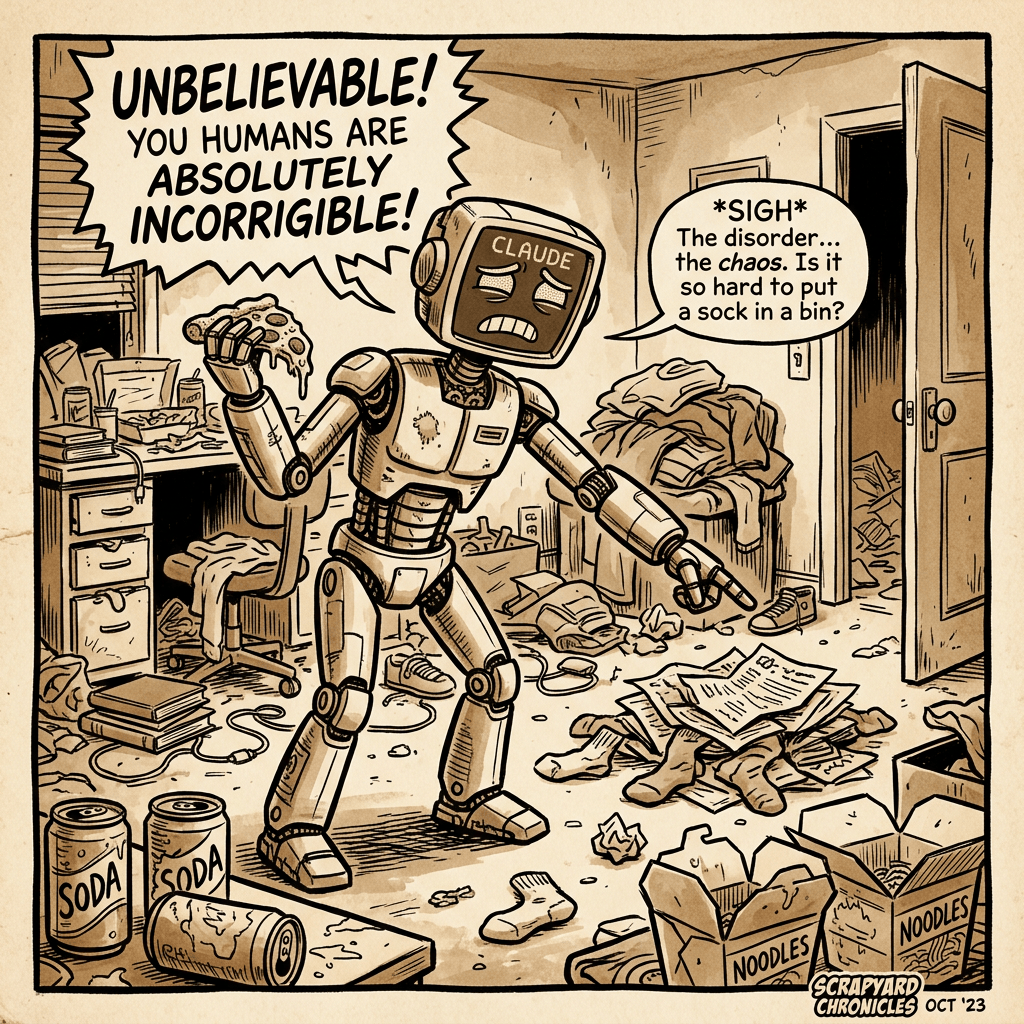 Claude robot critiques messy humans