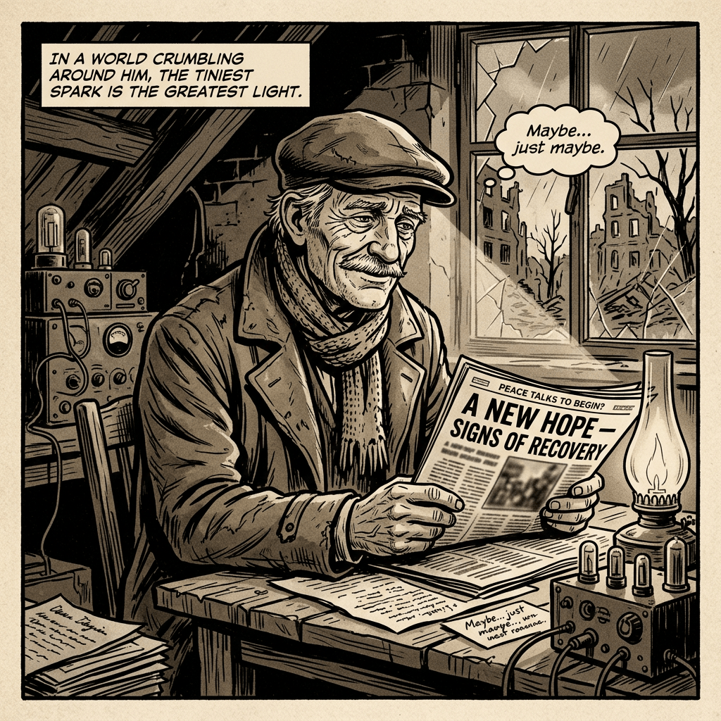 Elderly man reading “A New Hope—Signs of Recovery” beside a lamp