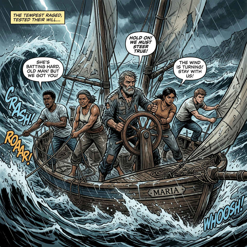 Comic panel: crew steers the Maria in a storm; text reads “THE TEMPEST RAGED, TESTED THEIR WILL...”, “SHE’S BATTLING HARD, OLD MAN! BUT WE GOT YOU!”, “HOLD ON! WE MUST STEER TRUE!”, “THE WIND IS TURNING! STAY WITH US!”, “CRASH!”, “ROARR!”, and “WHOOSH!”