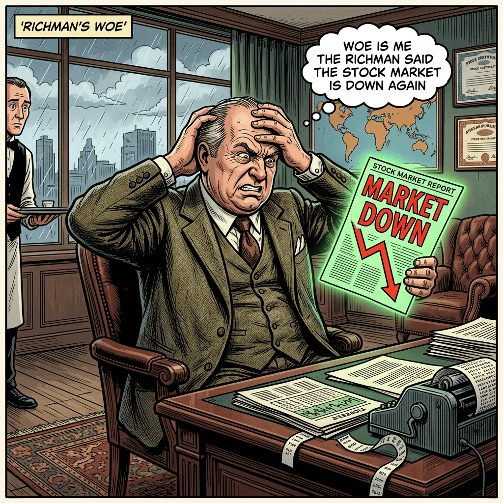 Distressed investor reads “MARKET DOWN” as speech bubble says “THE RICHMAN SAID THE STOCK MARKET IS DOWN AGAIN”