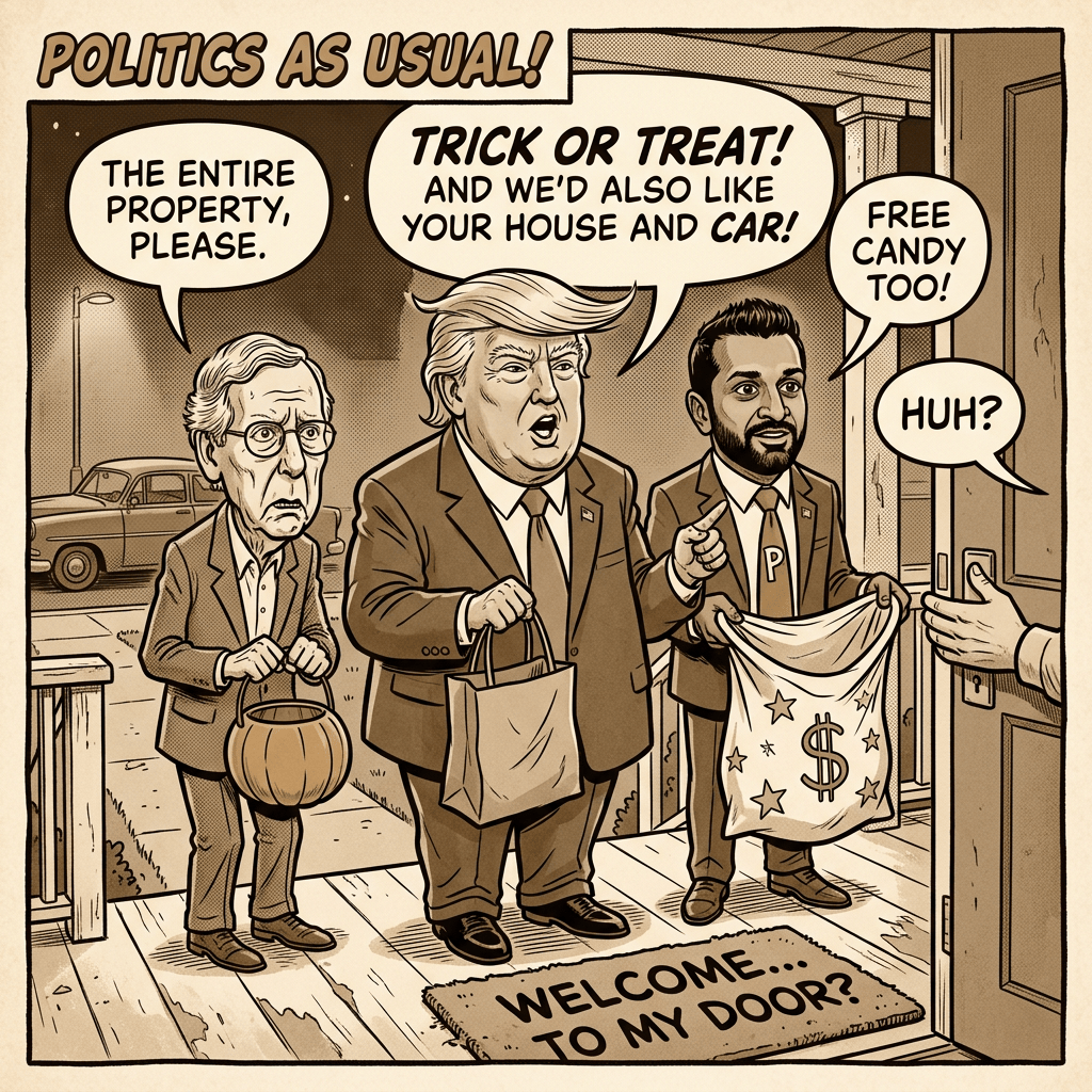 Trump, Kash Patel, and Mitch McConnell trick-or-treating