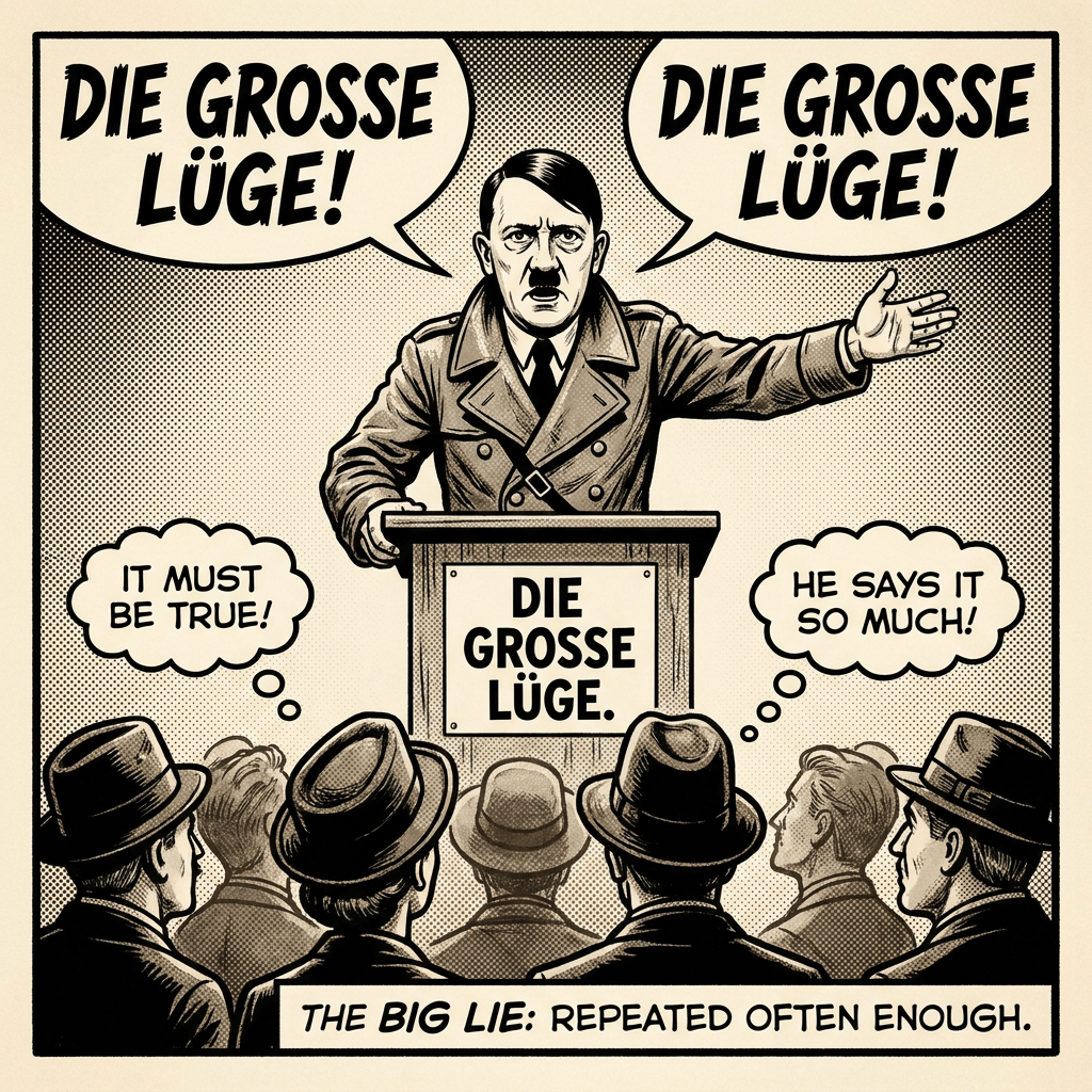 Hitler spreading propaganda through repeated lies