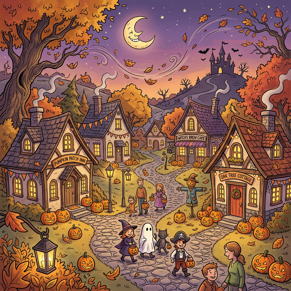 Playful Halloween village at twilight