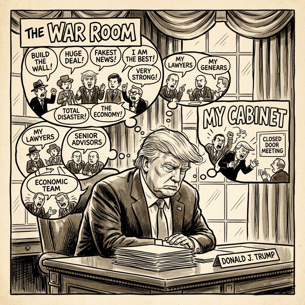 Political cartoon labeled “THE WAR ROOM” and “MY CABINET,” showing Donald J. Trump at a desk with papers, surrounded by speech bubbles reading “BUILD THE WALL!”, “HUGE DEAL!”, “FAKEST NEWS!”, “I AM THE BEST!”, “VERY STRONG!”, “TOTAL DISASTER!”, “THE ECONOMY!”, “MY LAWYERS”, “MY GENEARS”, “SENIOR ADVISORS”, “ECONOMIC TEAM”, and “CLOSED DOOR MEETING.”