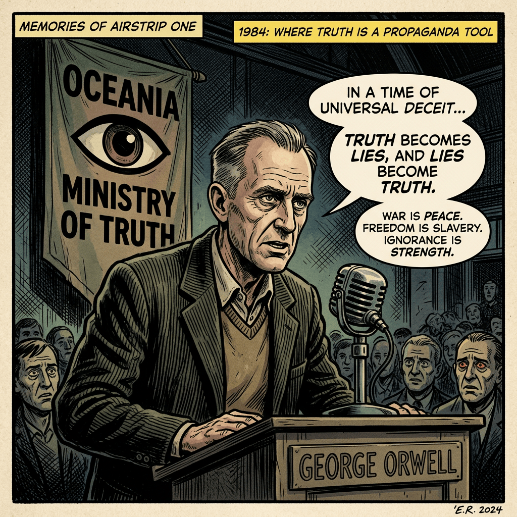 Comic panel text reads “MEMORIES OF AIRSTRIP ONE,” “1984: WHERE TRUTH IS A PROPAGANDA TOOL,” “OCEANIA MINISTRY OF TRUTH,” “IN A TIME OF UNIVERSAL DECEIT... TRUTH BECOMES LIES, AND LIES BECOME TRUTH,” “WAR IS PEACE. FREEDOM IS SLAVERY. IGNORANCE IS STRENGTH,” and “GEORGE ORWELL.”