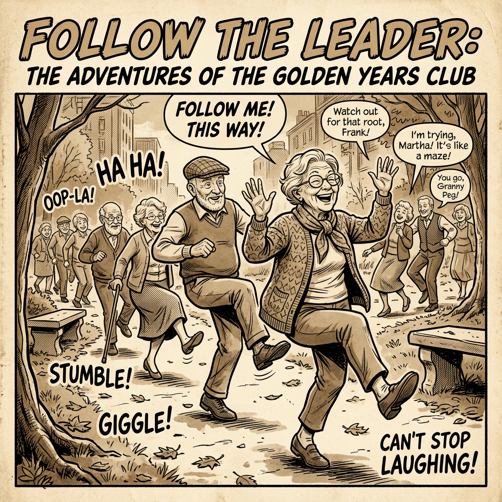 Comic poster text: "FOLLOW THE LEADER: THE ADVENTURES OF THE GOLDEN YEARS CLUB"; seniors follow a woman through a park saying "FOLLOW ME! THIS WAY!", "Watch out for that root, Frank!", "I’m trying, Martha! It’s like a maze!", and "You go, Granny Peg!" with sound effects "HA HA!", "OOP-LA!", "STUMBLE!", "GIGGLE!", and "CAN’T STOP LAUGHING!"