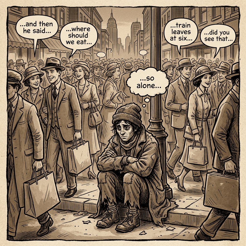 Comic scene with speech bubbles: “...and then he said...”, “...where should we eat...”, “...train leaves at six...”, “...did you see that...”, and “...so alone...”