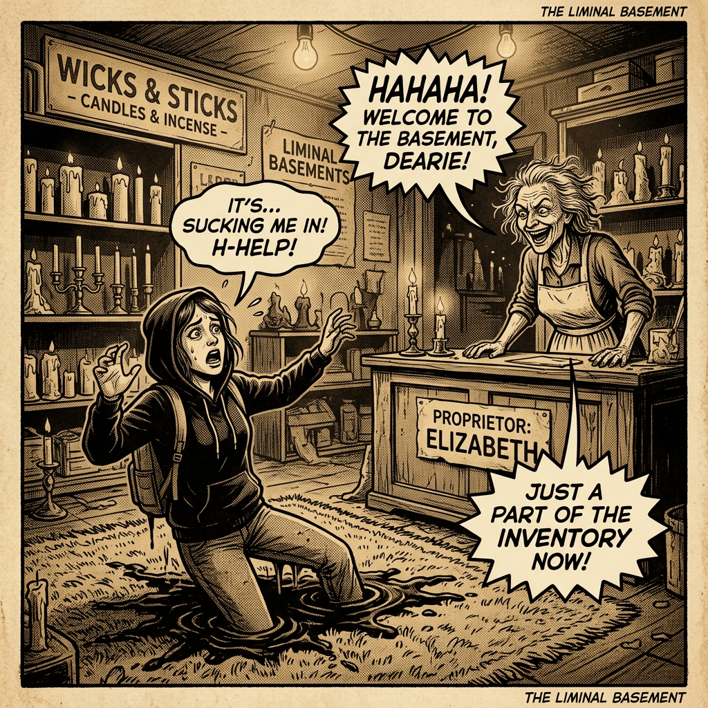 Comic titled "THE LIMINAL BASEMENT" showing "WICKS & STICKS - CANDLES & INCENSE," a woman saying "IT'S... SUCKING ME IN! H-HELP!," Elizabeth saying "HAHAHA! WELCOME TO THE BASEMENT, DEARIE!," and "JUST A PART OF THE INVENTORY NOW!"