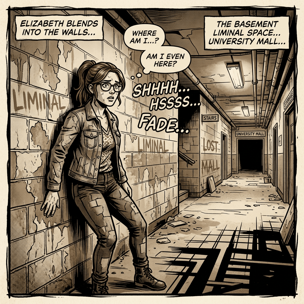 Comic panel showing Elizabeth in a basement corridor with text: “ELIZABETH BLENDS INTO THE WALLS…,” “WHERE AM I…?,” “AM I EVEN HERE?,” “THE BASEMENT LIMINAL SPACE… UNIVERSITY MALL…,” and “SHHHH… HSSSS… FADE….” Signs and graffiti read “STAIRS,” “UNIVERSITY MALL,” “LIMINAL,” “LOST,” and “MALL.”