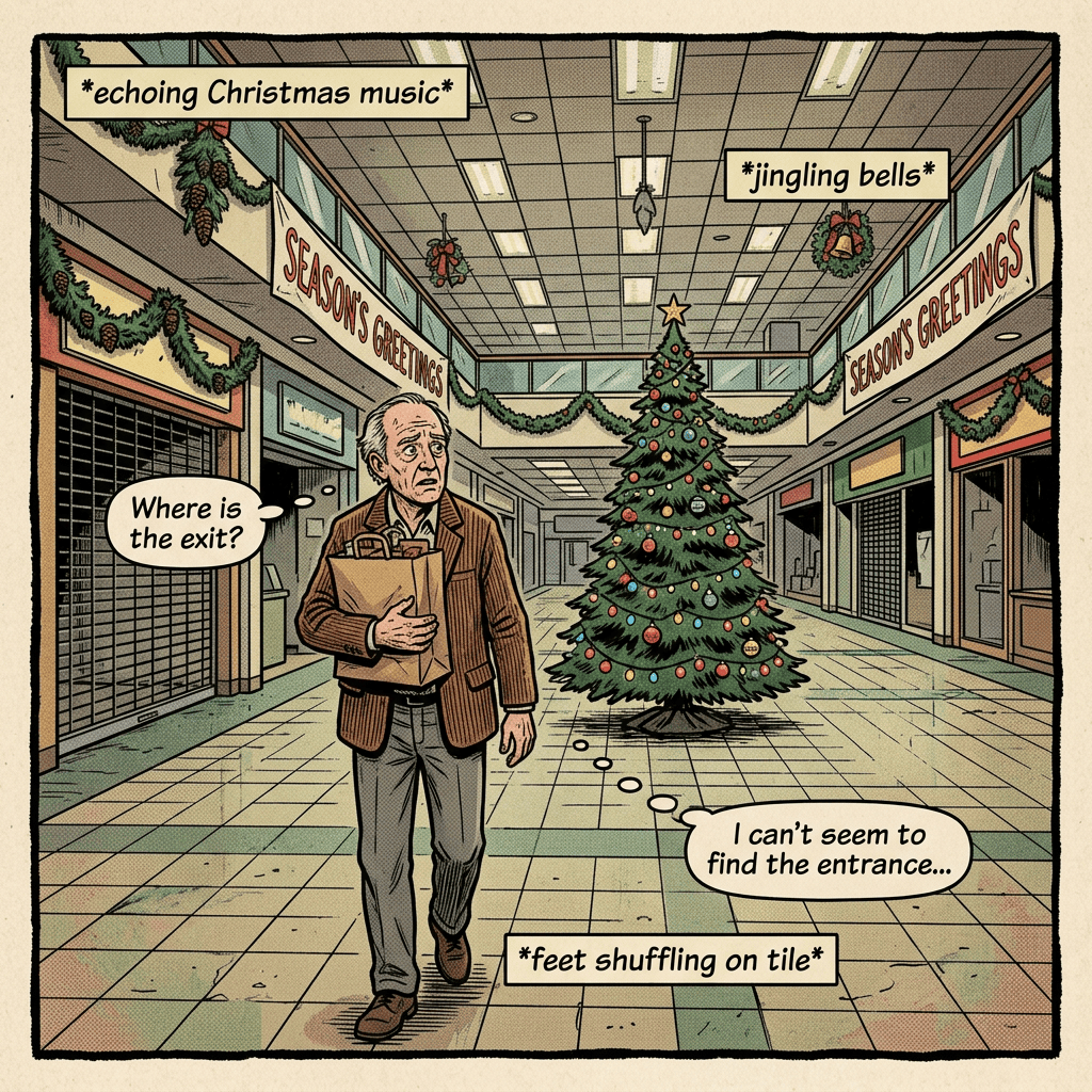 Confused shopper carrying a bag walks through a decorated mall, asking where the entrance is.
