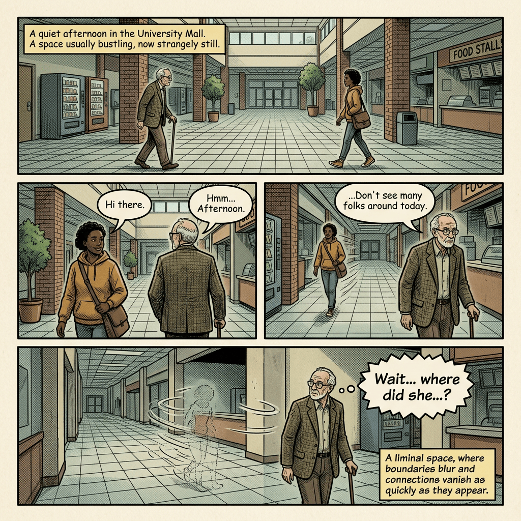 Comic: “A quiet afternoon in the University Mall. A space usually bustling, now strangely still.” A woman greets an older man, who says, “Hmm... Afternoon.” He says, “...Don’t see many folks around today.” She disappears, and he asks, “Wait... where did she...?” Caption: “A liminal space, where boundaries blur and connections vanish as quickly as they appear.”