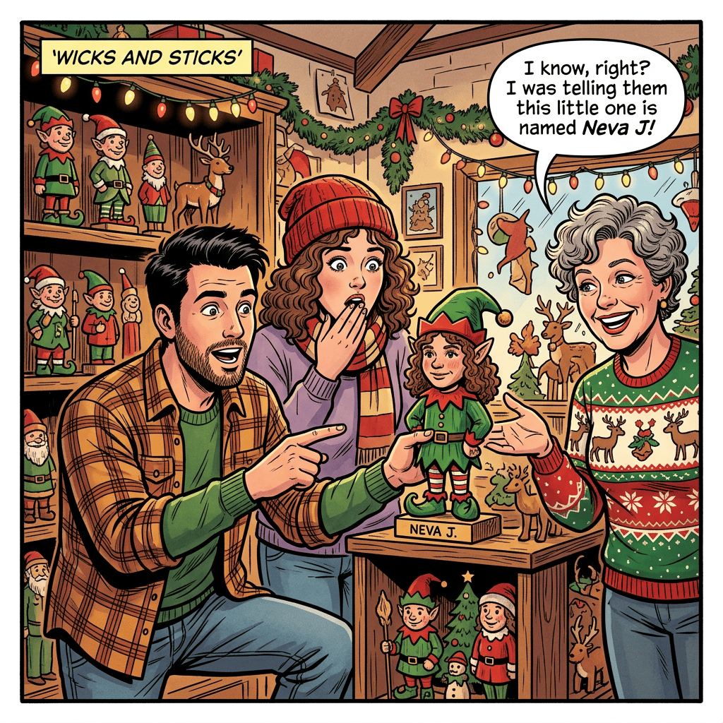 Holiday shop scene with elves, family, and doll labeled “NEVA J.”; text reads “WICKS AND STICKS” and “I know, right? I was telling them this little one is named Neva J!”
