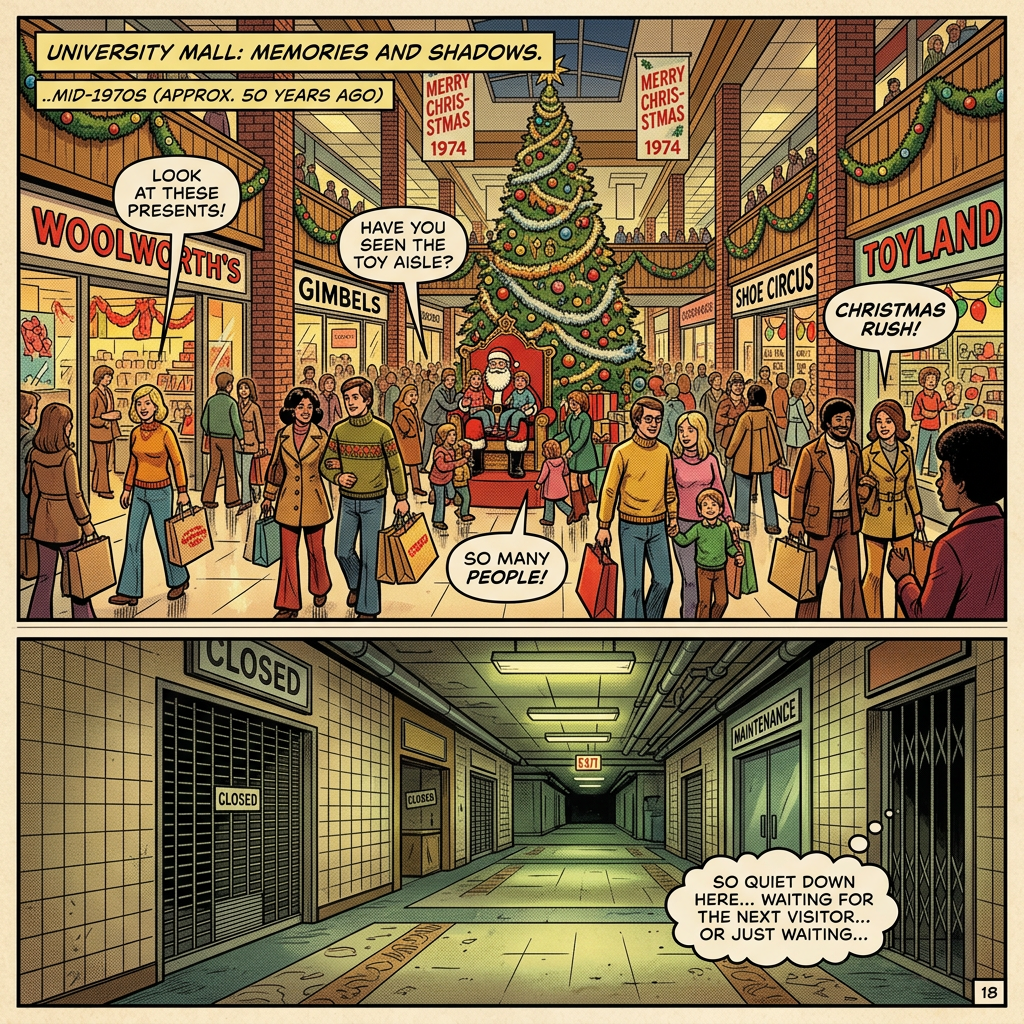 Comic panels show a busy 1974 Christmas mall and a quiet closed corridor.