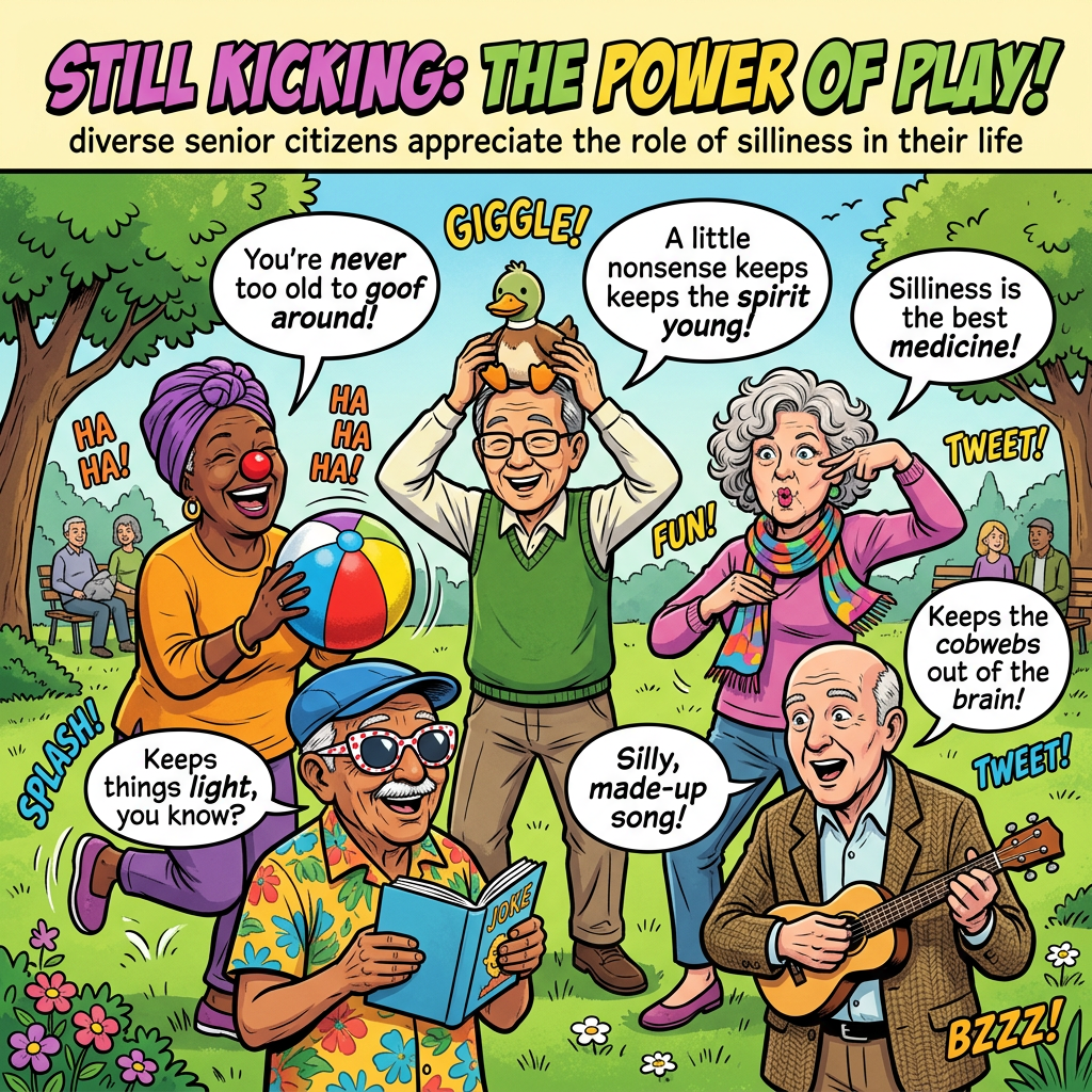 STILL KICKING: THE POWER OF PLAY! diverse senior citizens appreciate the role of silliness in their life; GIGGLE! You're never too old to goof around! A little nonsense keeps the spirit young! Silliness is the best medicine! Keeps the cobwebs out of the brain! Keeps things light, you know? Silly, made-up song! HA HA HA! FUN! TWEET! SPLASH! BZZZ!