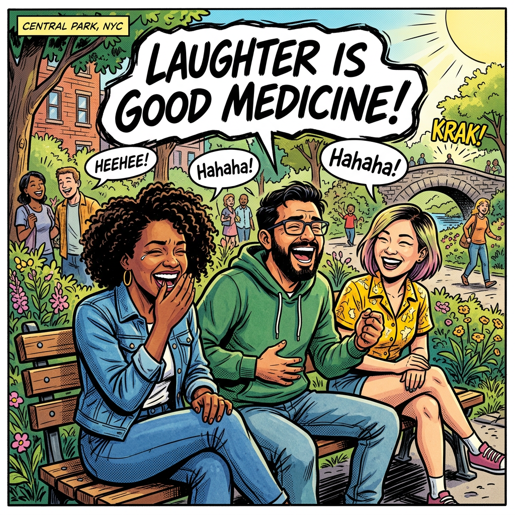 Comic scene labeled CENTRAL PARK, NYC, with three friends laughing; text reads LAUGHTER IS GOOD MEDICINE!, HEEHEE!, Hahaha!, Hahaha!, and KRAK!