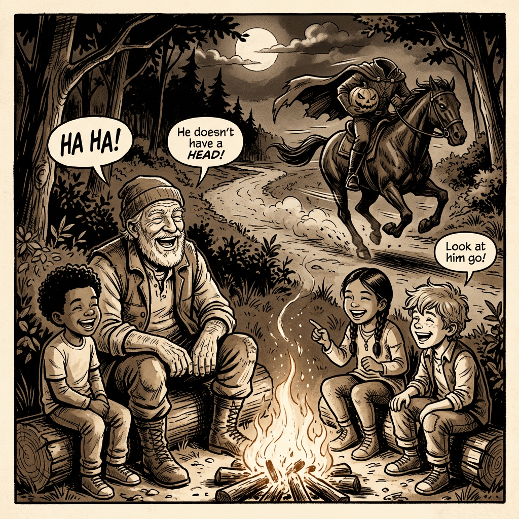 Children and an older man watch a headless horseman; text reads “HA HA!”, “He doesn’t have a HEAD!”, and “Look at him go!”