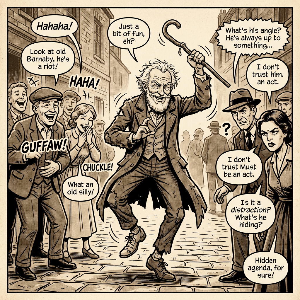 Comic panel: Barnaby dances with a cane as bystanders laugh and ask, “What’s his angle? He’s always up to something…”, “I don’t trust him. I’m act.”, “I don’t trust Must be an act.”, “Is it a distraction? What’s he hiding?”, “Hidden agenda, for sure!”, “Hahaha!”, “Look at old Barnaby, he’s a riot!”, “Just a bit of fun, eh?”, “HAHA!”, “GUFFAW!”, “CHUCKLE!”, and “What an old silly!”
