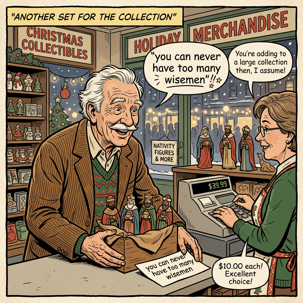 Comic scene with Christmas collectibles, holiday merchandise, nativity figures, and text: “ANOTHER SET FOR THE COLLECTION,” “you can never have too many wisemen,” “You’re adding to a large collection then, I assume!,” “NATIVITY FIGURES & MORE,” “$39.99,” and “$10.00 each! Excellent choice!”