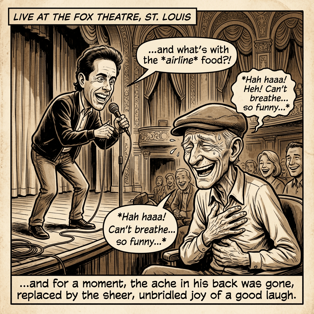 Comic panel text: “LIVE AT THE FOX THEATRE, ST. LOUIS”; comedian says “…and what’s with the *airline* food?!” Audience member replies “*Hah haaa! Heh! Can’t breathe... so funny...*”; caption: “…and for a moment, the ache in his back was gone, replaced by the sheer, unbridled joy of a good laugh.”