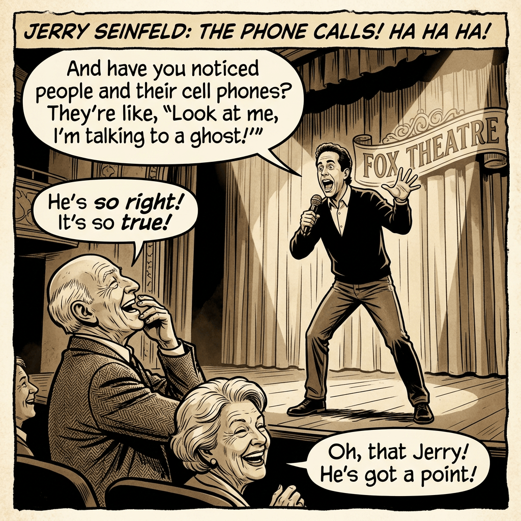 Comic panel titled "JERRY SEINFELD: THE PHONE CALLS! HA HA HA!" showing a comedian onstage saying, "And have you noticed people and their cell phones? They’re like, ‘Look at me, I’m talking to a ghost!’" Audience speech bubbles read, "He’s so right! It’s so true!" and "Oh, that Jerry! He’s got a point!"