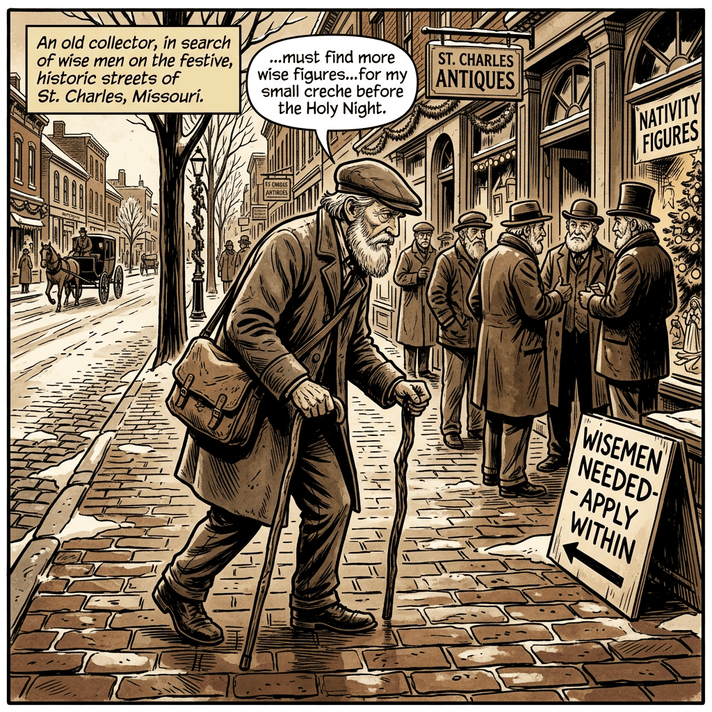 Comic scene reads: “An old collector, in search of wise men on the festive, historic streets of St. Charles, Missouri”; “...must find more wise figures...for my small creche before the Holy Night”; storefront signs say “ST. CHARLES ANTIQUES,” “NATIVITY FIGURES,” and “WISEMEN NEEDED—APPLY WITHIN.”