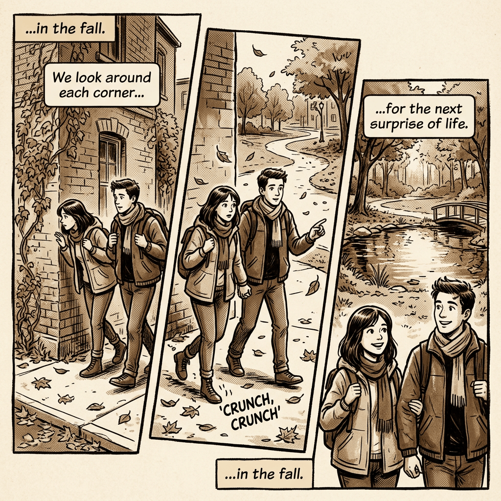 Comic panels show a couple walking through autumn streets and a park, with text about life’s surprises.