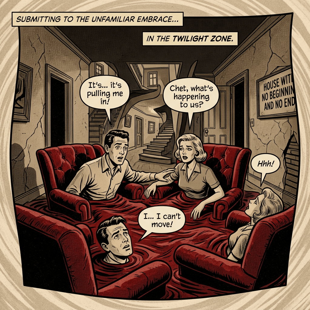 Four people sinking into velvet chairs