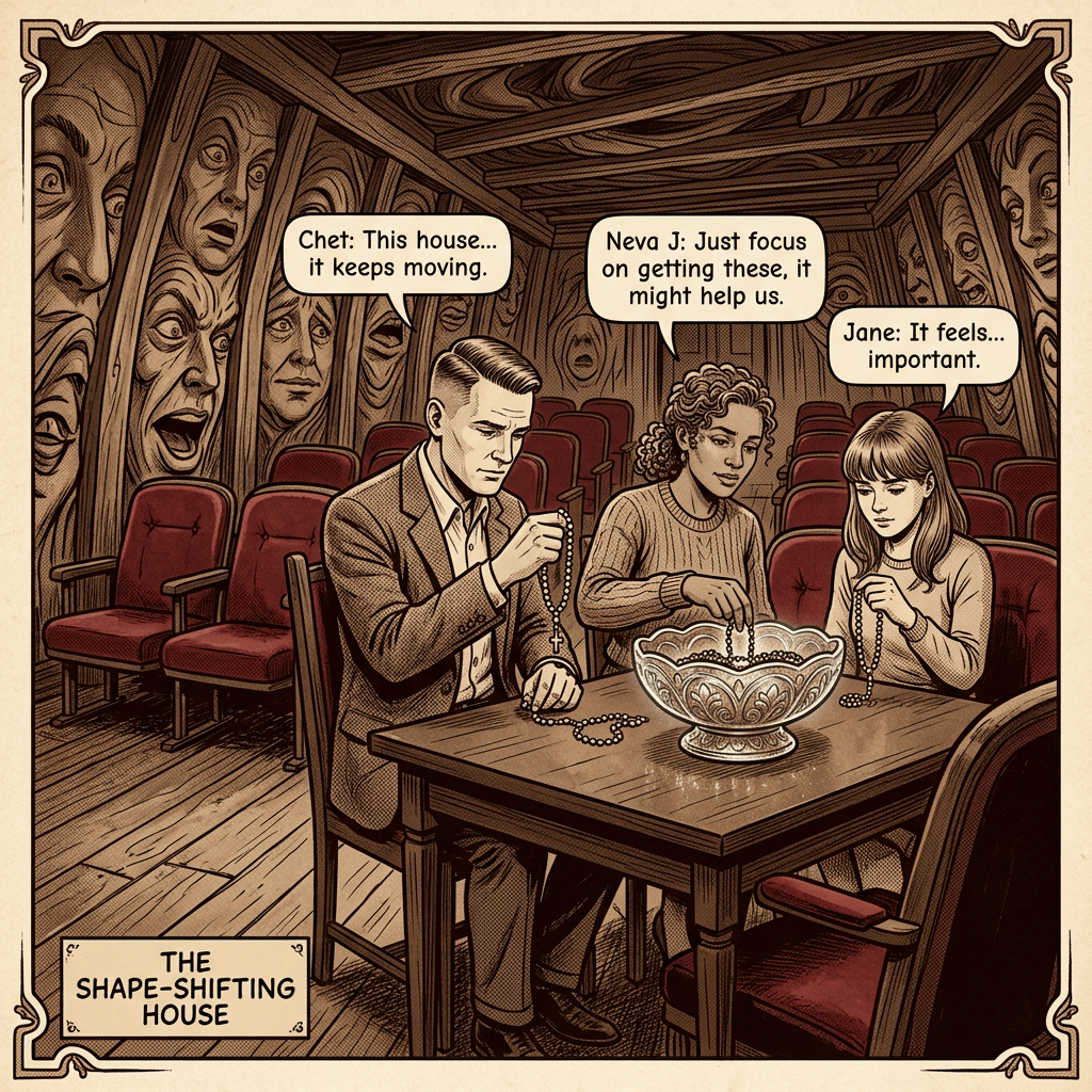Three people taking rosaries in strange house