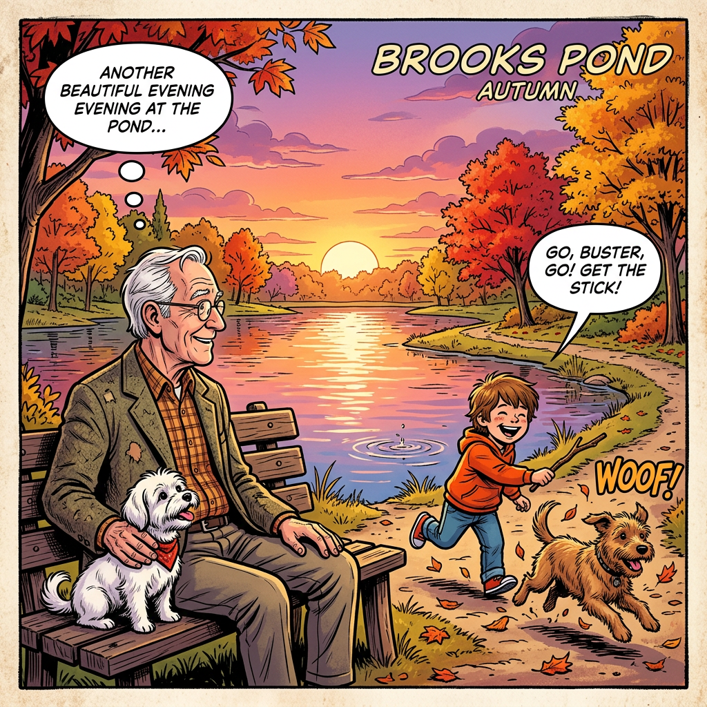 Comic panel reading “BROOKS POND AUTUMN” with a boy, two dogs, and an older man by a sunset lake.